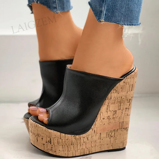 SEIIHEM Women Platform Wedges Summer Peep Toe High Heels Black Faux Leather Female Ladies Shoes Woman Large Size 39 44 48 50 52