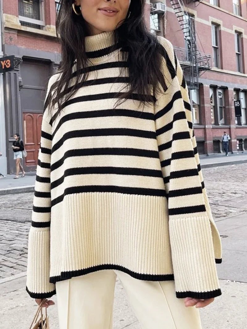 Winter Women’S Long Sleeves Knit Sweater Turtleneck Striped Print Loose Pullover Tops 2023 New Autumn Oversized Sweater