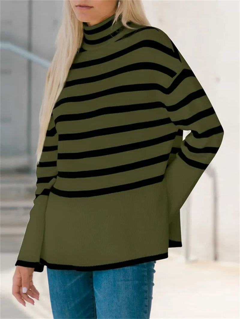 Winter Women’S Long Sleeves Knit Sweater Turtleneck Striped Print Loose Pullover Tops 2023 New Autumn Oversized Sweater