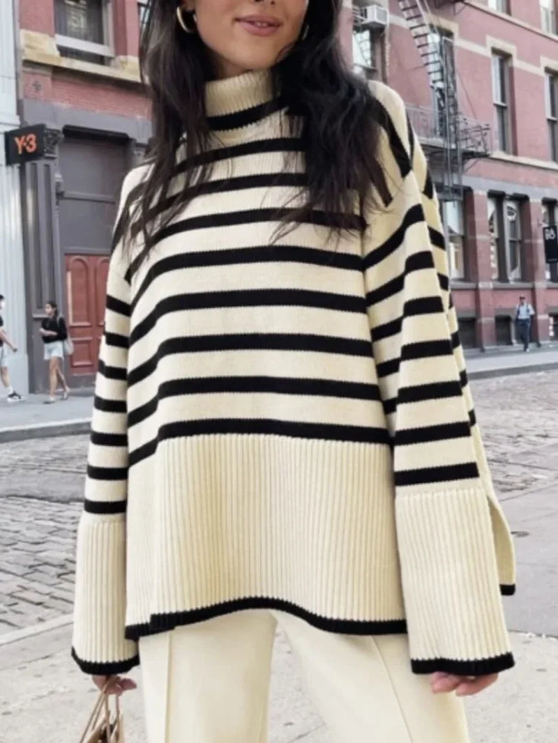 Winter Women’S Long Sleeves Knit Sweater Turtleneck Striped Print Loose Pullover Tops 2023 New Autumn Oversized Sweater