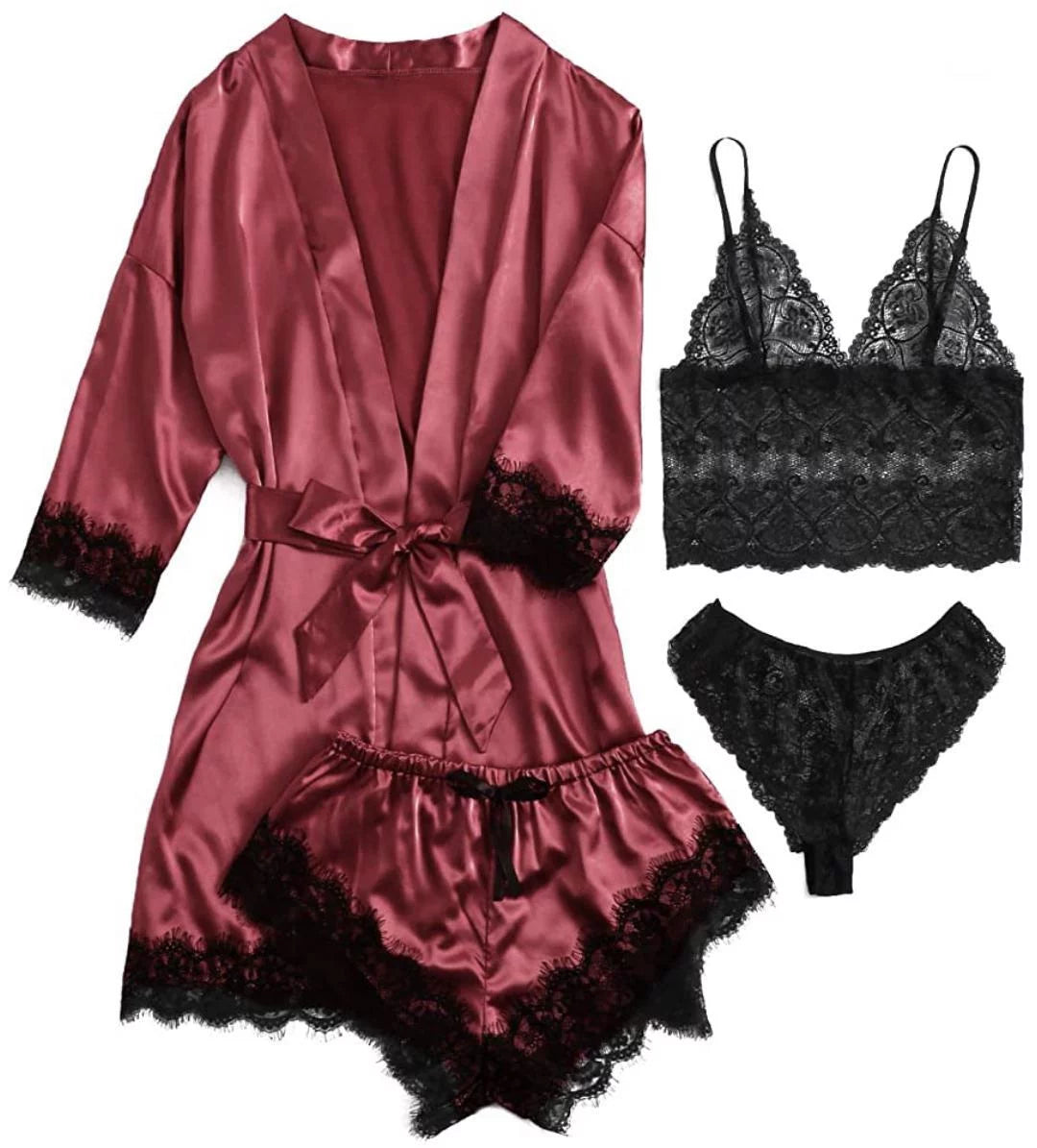 Sexy Lingerie,  Silk Satin Pajamas for Women, Womens Summer Pajamas Pjs Sets of 4 Pcs with Floral Lace Top Shorts and Robe, Gift for Women, Burgundy, L