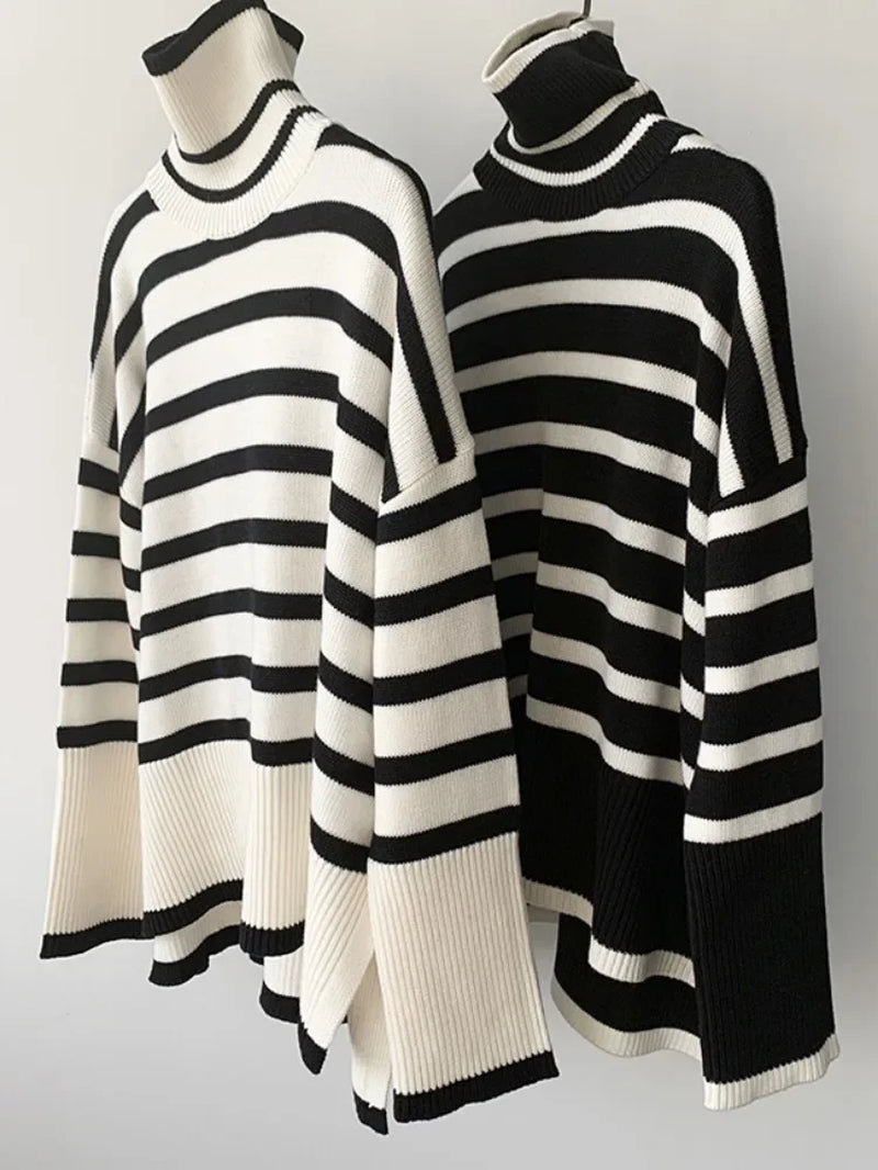 Winter Women’S Long Sleeves Knit Sweater Turtleneck Striped Print Loose Pullover Tops 2023 New Autumn Oversized Sweater