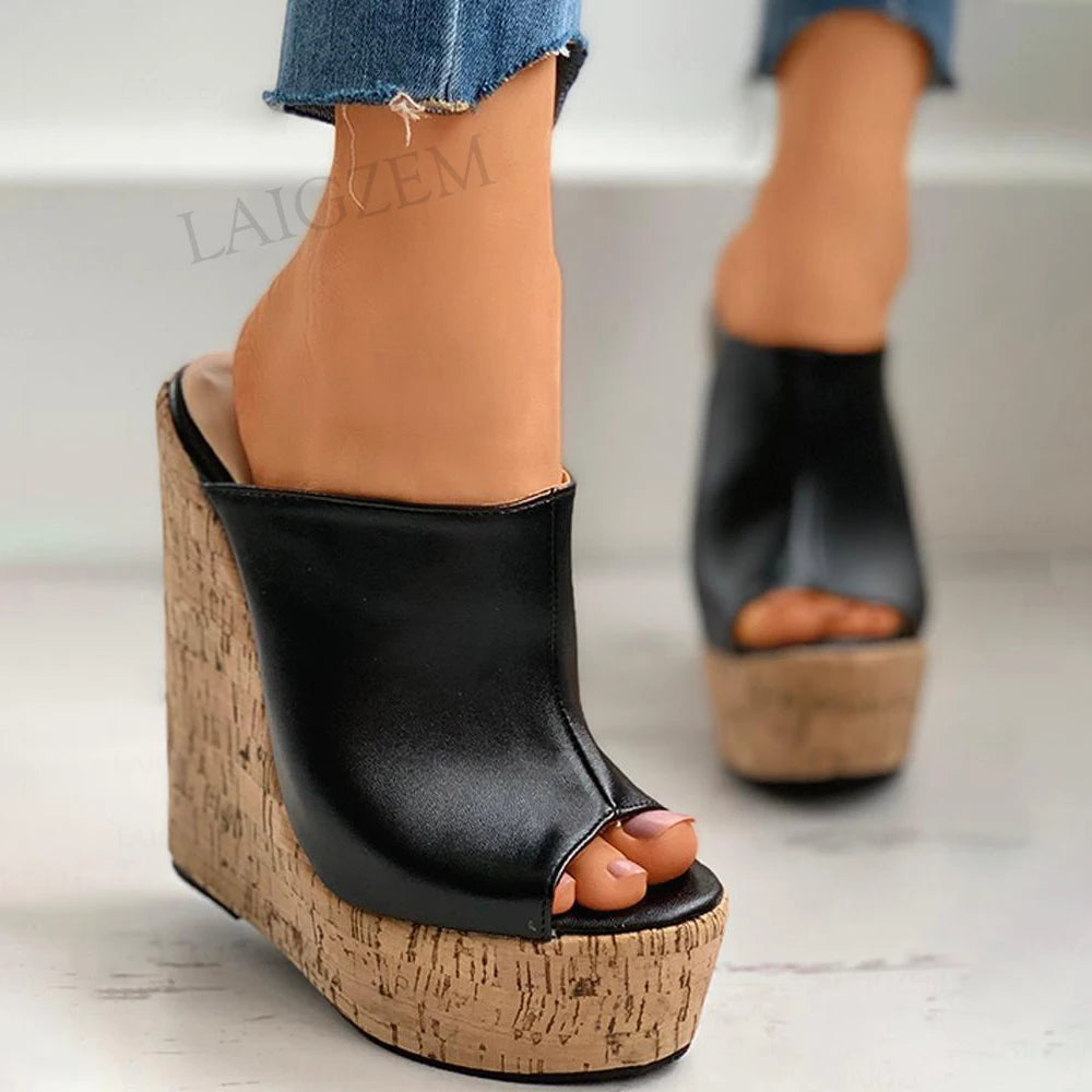 SEIIHEM Women Platform Wedges Summer Peep Toe High Heels Black Faux Leather Female Ladies Shoes Woman Large Size 39 44 48 50 52