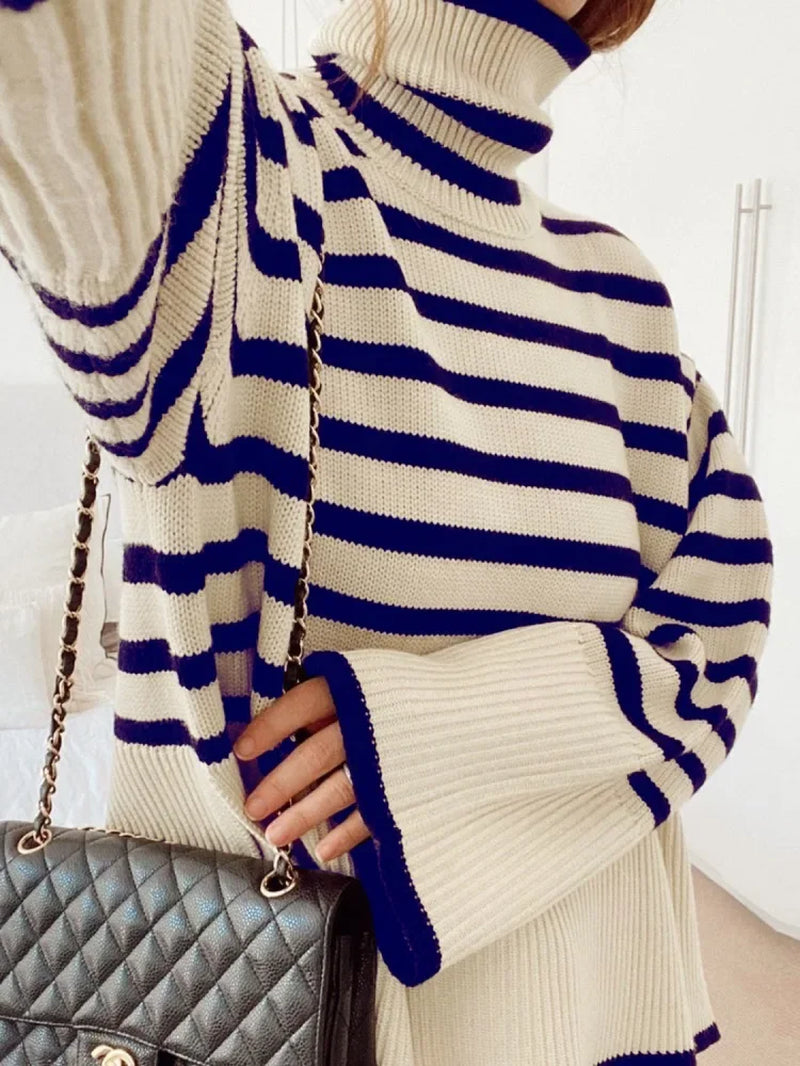 Winter Women’S Long Sleeves Knit Sweater Turtleneck Striped Print Loose Pullover Tops 2023 New Autumn Oversized Sweater