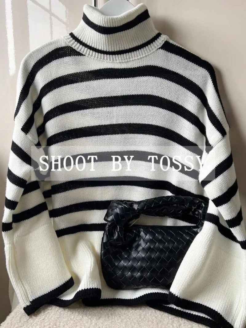 Winter Women’S Long Sleeves Knit Sweater Turtleneck Striped Print Loose Pullover Tops 2023 New Autumn Oversized Sweater