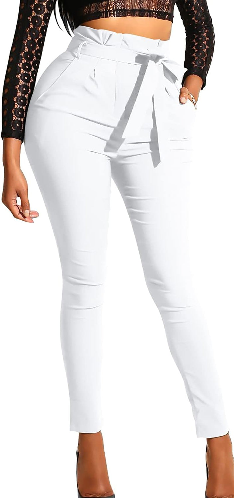 Women'S Casual Full Length High Waist Tie Knot Skinny Pants with Pockets