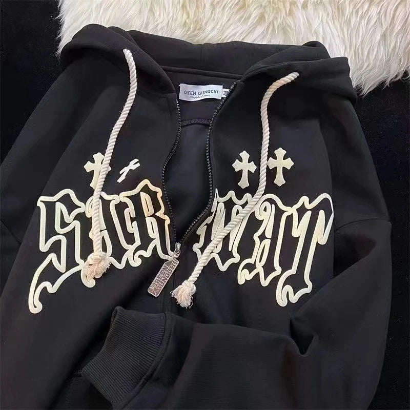 Goth Embroidery Hoodies Women High Street Harajuku Retro Hip Hop Zip up Hoodie Loose Man Sweatshirt Hoodie Clothes Y2K Hoodie