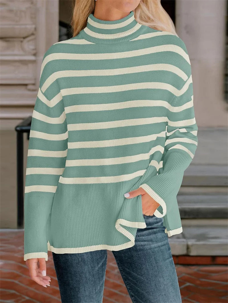 Winter Women’S Long Sleeves Knit Sweater Turtleneck Striped Print Loose Pullover Tops 2023 New Autumn Oversized Sweater