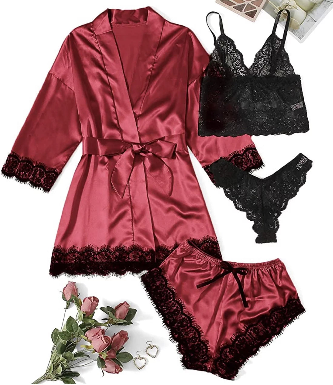 Sexy Lingerie,  Silk Satin Pajamas for Women, Womens Summer Pajamas Pjs Sets of 4 Pcs with Floral Lace Top Shorts and Robe, Gift for Women, Burgundy, L