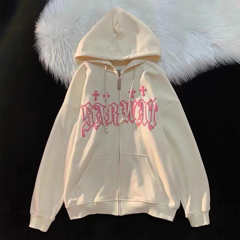 Goth Embroidery Hoodies Women High Street Harajuku Retro Hip Hop Zip up Hoodie Loose Man Sweatshirt Hoodie Clothes Y2K Hoodie