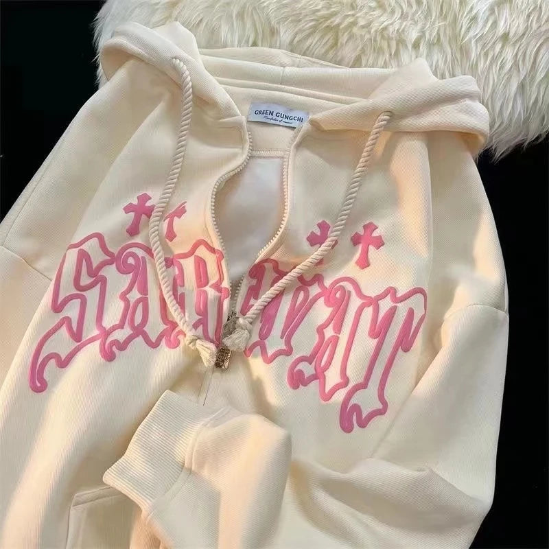 Goth Embroidery Hoodies Women High Street Harajuku Retro Hip Hop Zip up Hoodie Loose Man Sweatshirt Hoodie Clothes Y2K Hoodie