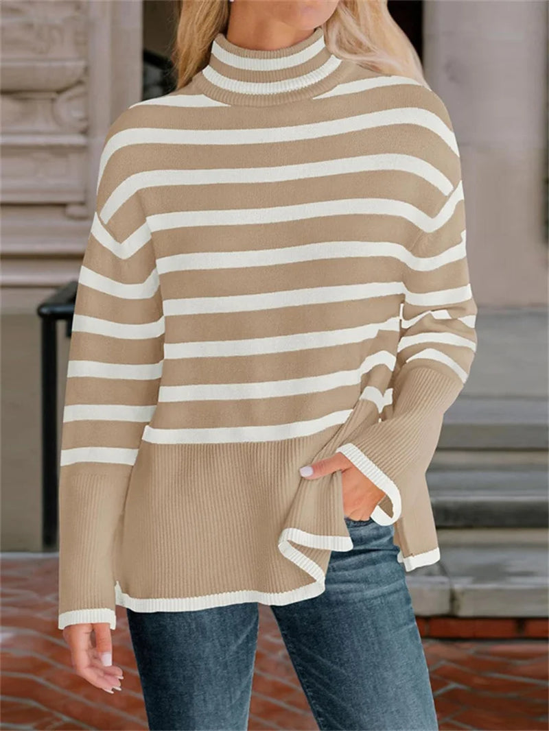 Winter Women’S Long Sleeves Knit Sweater Turtleneck Striped Print Loose Pullover Tops 2023 New Autumn Oversized Sweater