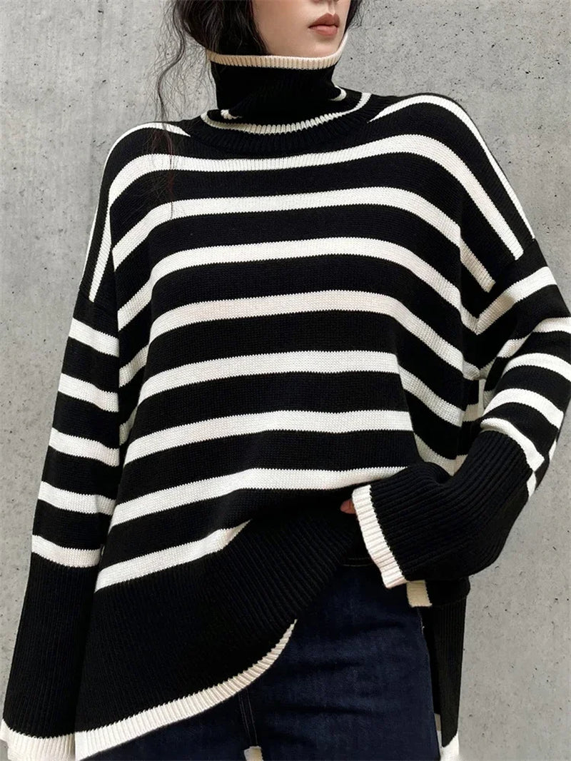 Winter Women’S Long Sleeves Knit Sweater Turtleneck Striped Print Loose Pullover Tops 2023 New Autumn Oversized Sweater